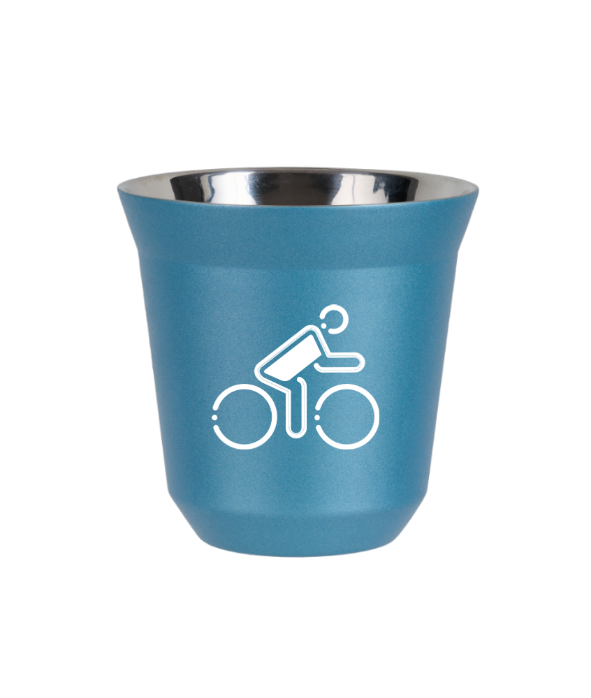 Kubek 150 ml BŁĘKITNY METALIC "Kolarz w polskich barwach (biały)"