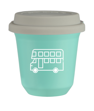 Kubek turkusowy 80 ml, AUTOBUS (biały) z pokrywką białą