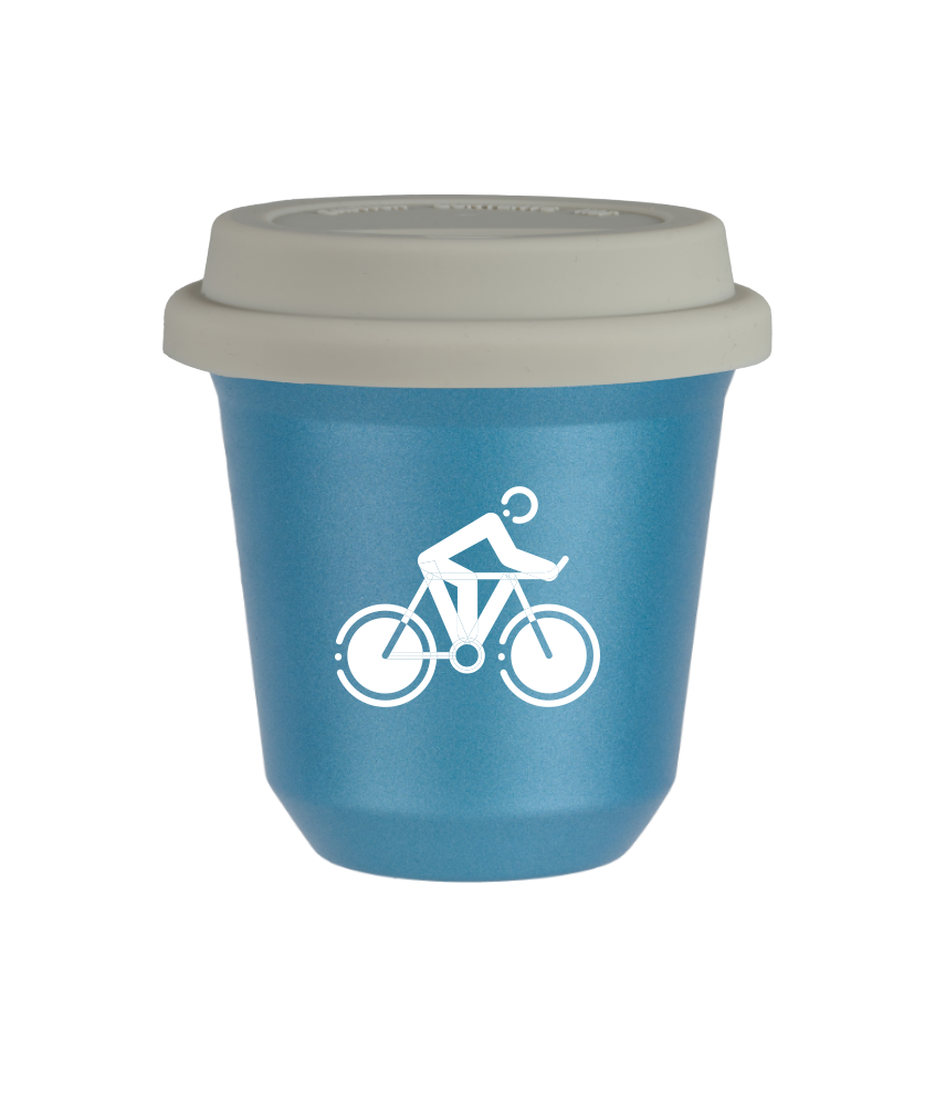 Kubek 150 ml BŁĘKITNY METALIC "Kolarstwo 2 (biały)", z białą pokrywką