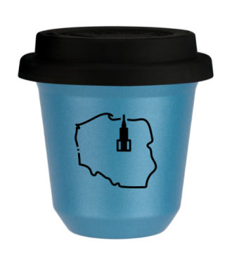 Kubek 150 ml BŁĘKITNY METALIC "Polska", z czarną pokrywką Kubek 150 ml BŁĘKITNY METALIC "Polska", z czarną pokrywką
