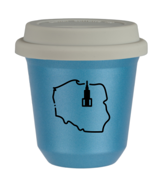 Kubek 150 ml BŁĘKITNY METALIC "Polska", z białą pokrywką Kubek 150 ml BŁĘKITNY METALIC "Polska", z białą pokrywką
