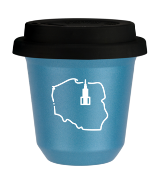 Kubek 150 ml BŁĘKITNY METALIC "Polska (biały)", z czarną pokrywką Kubek 150 ml BŁĘKITNY METALIC "Polska (biały)", z czarną pokrywką
