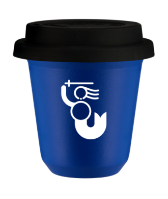 Kubek navy blue 150 ml, WARSZAWSKA SYRENKA (bialy) z pokrywka czarna kubek termiczny na kawe | 70,00 zł