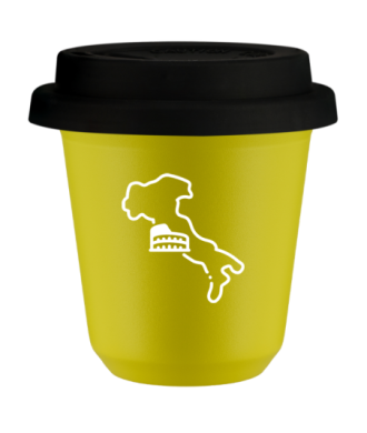 Kubek 150 ml ŻÓŁTY "Włochy (biały)", z czarną pokrywką Kubek 150 ml ŻÓŁTY "Włochy (biały)", z czarną pokrywką
