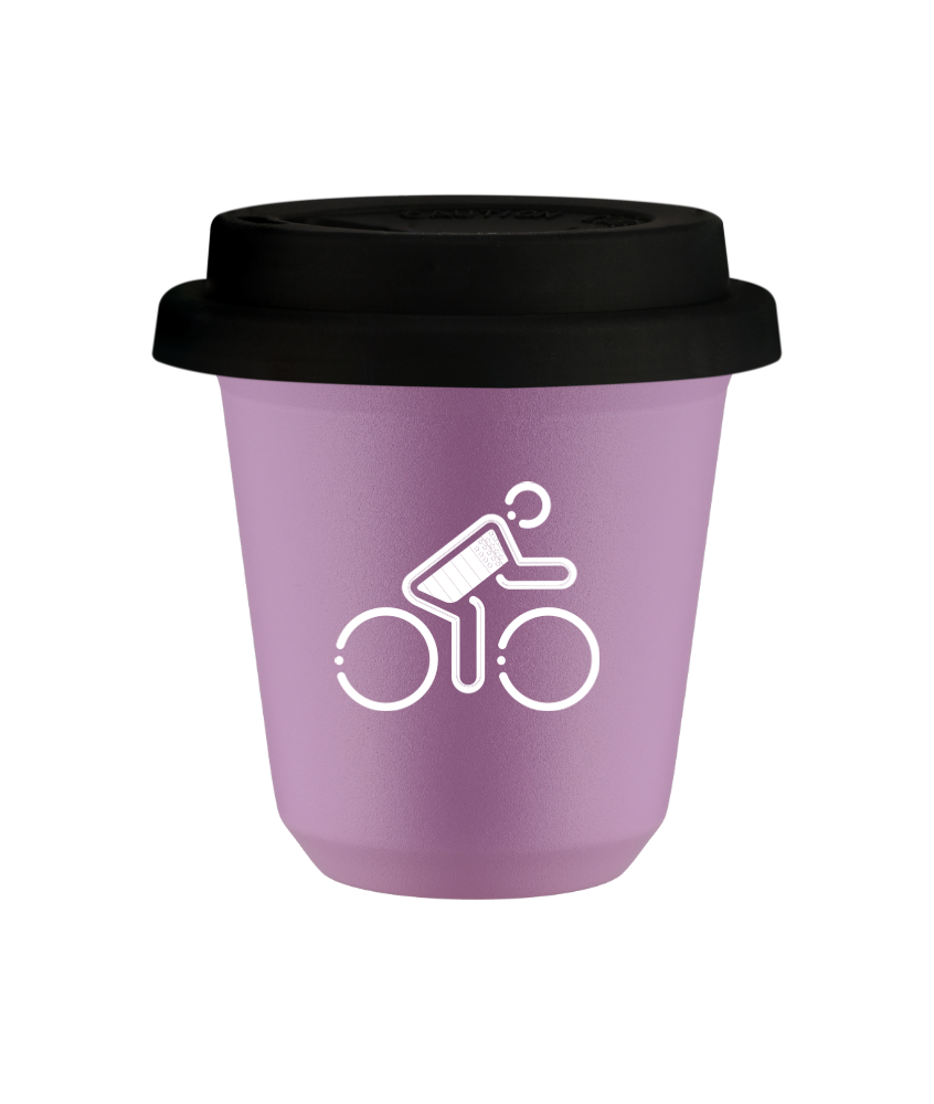 Cup 150 ml LILAC "Cyclist in British colors (white)", with black lid
