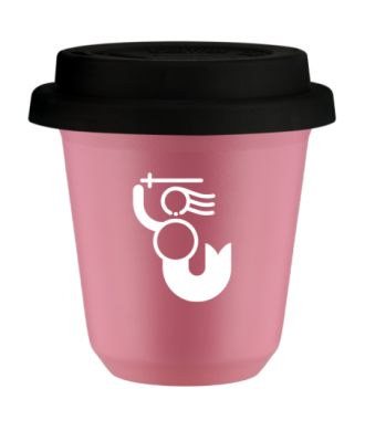 Kubek hot pink 150 ml, WARSZAWSKA SYRENKA (bialy) z pokrywka czarna