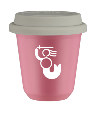 Kubek hot pink 150 ml, WARSZAWSKA SYRENKA (bialy) z pokrywka biala
