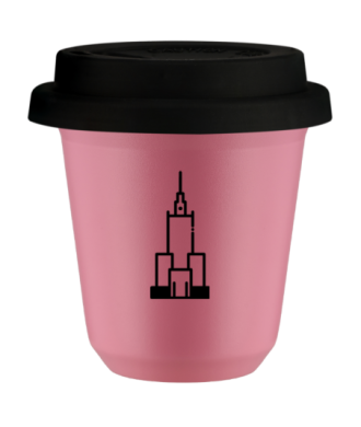 Kubek 150 ml RÓŻOWY "Pałac kultury i nauki (czarny)", z czarną pokrywką Kubek 150 ml RÓŻOWY "Pałac kultury i nauki (czarny)", z czarną pokrywką
