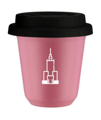 Kubek 150 ml RÓŻOWY "Pałac kultury i nauki (biały)", z czarną pokrywką Kubek 150 ml RÓŻOWY "Pałac kultury i nauki (biały)", z czarną pokrywką