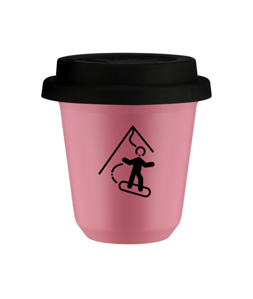 Kubek 150 ml RÓŻOWY "Snowboard (czarny)", z czarną pokrywką