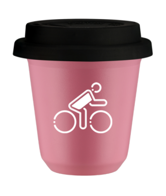 Kubek hot pink 150 ml, KOLARZ W POLSKICH BARWACH (bialy) z pokrywka czarna
