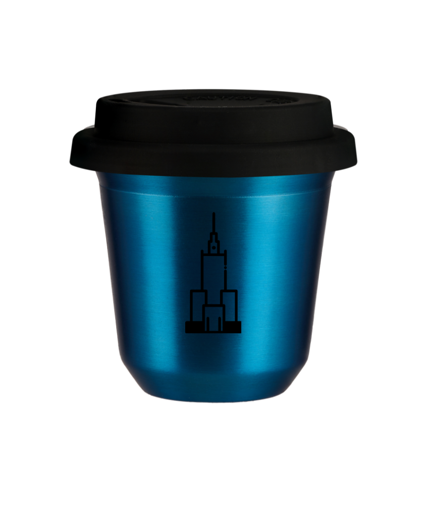 Cup 240 ml METALLIC BLUE "Pałac kultury i nauki", with black lid