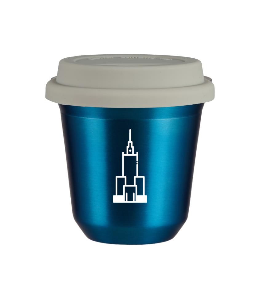 Cup 240 ml METALLIC BLUE "Pałac kultury i nauki (white)", with white lid