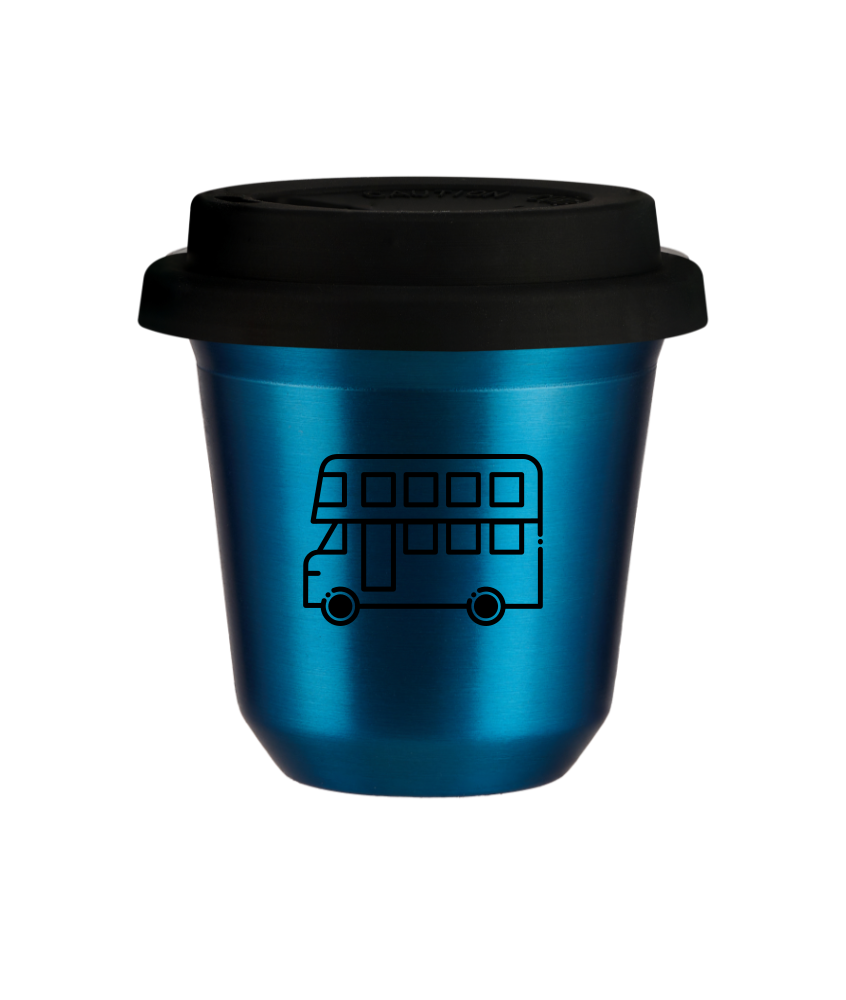 Cup 240 ml METALLIC BLUE "Bus (black)", with black lid