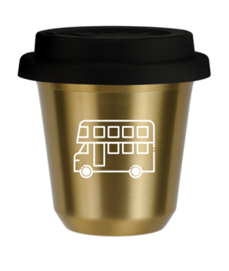 Kubek zloty 240 ml, AUTOBUS (bialy) z pokrywka czarna