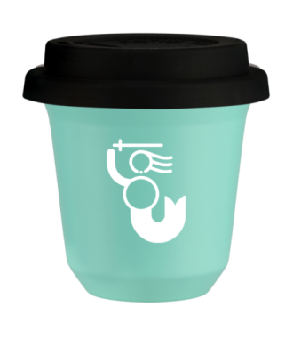 Kubek turkusowy 240 ml, WARSZAWSKA SYRENKA (bialy) z pokrywka czarna