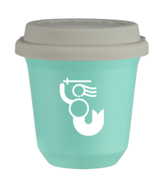 Kubek turkusowy 240 ml, WARSZAWSKA SYRENKA (bialy) z pokrywka biala