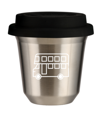Kubek srebrny 240 ml, AUTOBUS (bialy) z pokrywka czarna