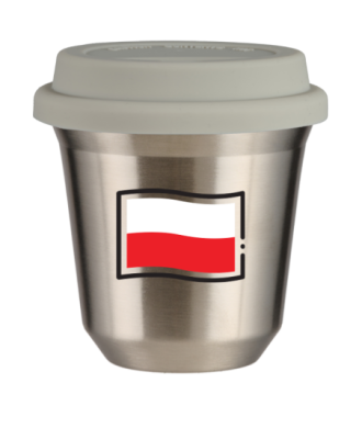 Kubek srebrny 240 ml, FLAGA POLSKI (czarny) z pokrywka biala