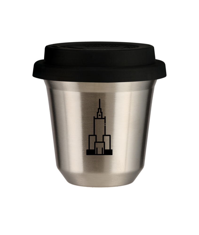 Cup 80 ml SILVER "Pałac kultury i nauki (black)", with black lid
