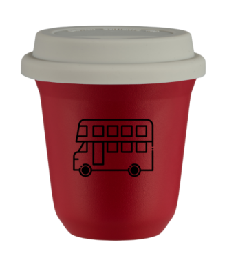 Kubek czerwony mat 240 ml, AUTOBUS (czarny) z pokrywka biala