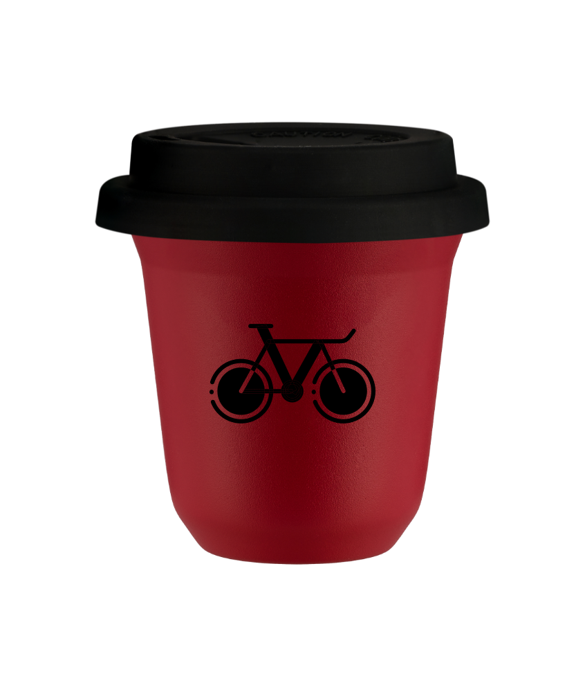 Kubek 240 ml CZERWONY "Rower 1 (czarny)", z czarną pokrywką