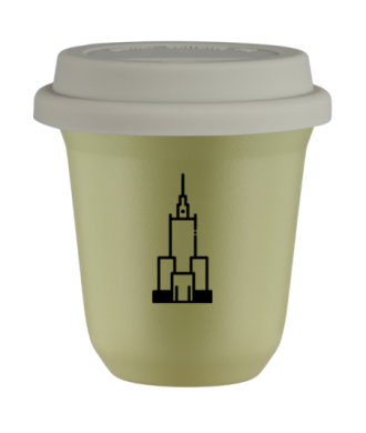 Kubek 240 ml PISTACJOWY "Pałac kultury i nauki", z białą pokrywką Kubek 240 ml PISTACJOWY "Pałac kultury i nauki", z białą pokrywką