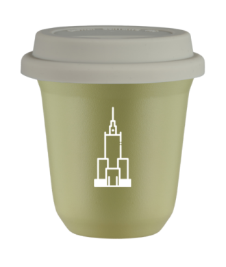 Kubek 240 ml PISTACJOWY "Pałac kultury i nauki (biały)", z białą pokrywką Kubek 240 ml PISTACJOWY "Pałac kultury i nauki (biały)", z białą pokrywką