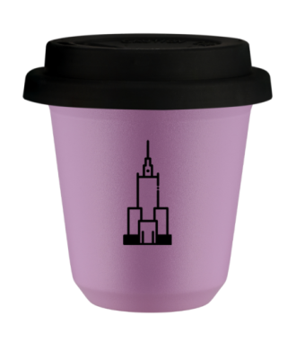 Kubek 240 ml LILIOWY "Pałac kultury i nauki", z czarną pokrywką Kubek 240 ml LILIOWY "Pałac kultury i nauki", z czarną pokrywką