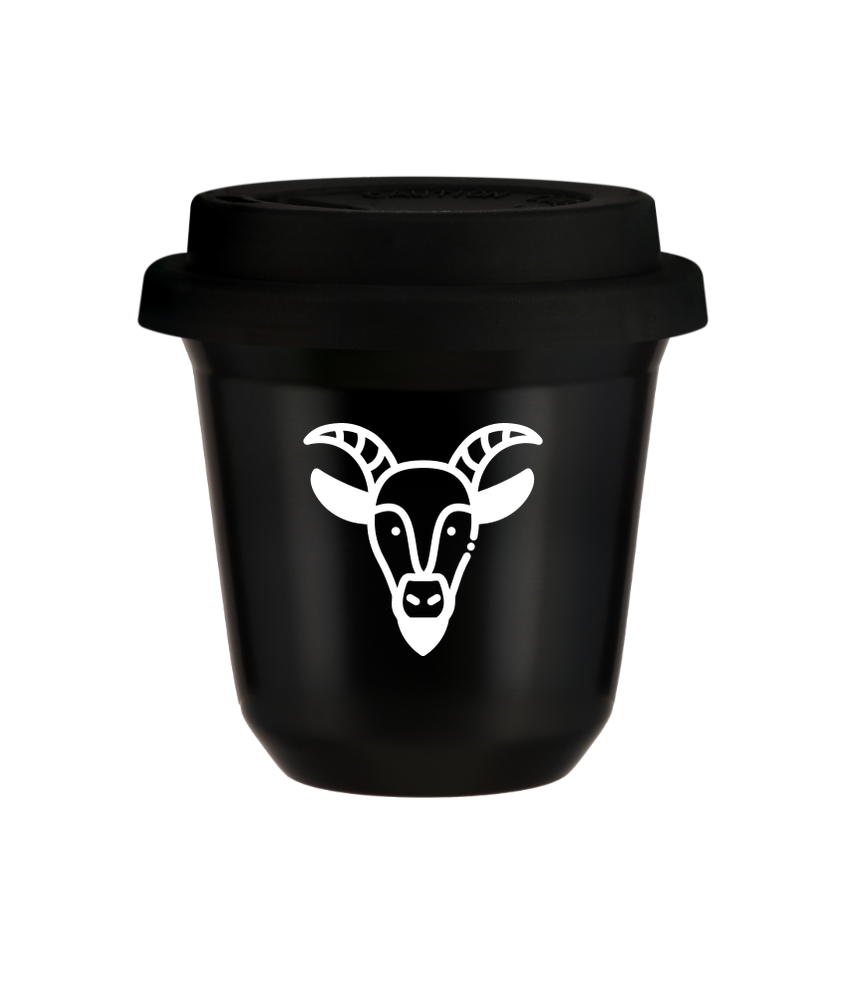 Kubek 80 ml CZARNY "Koziorożec (biały)", z czarną pokrywką