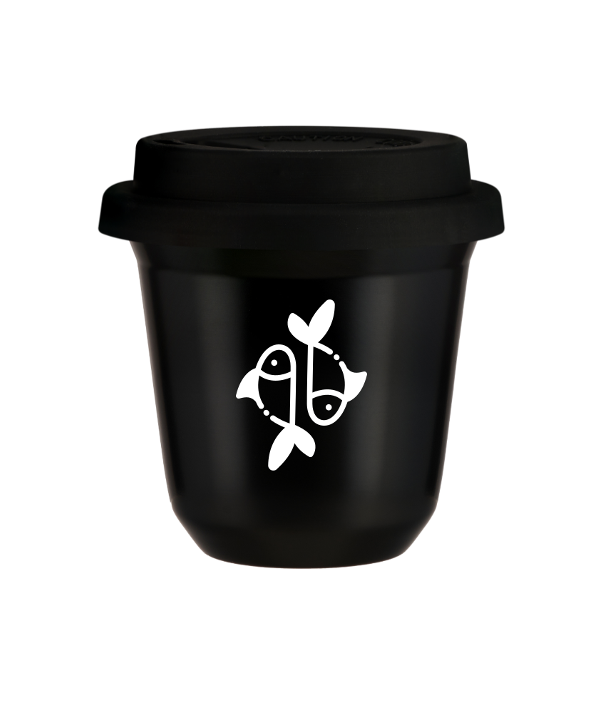 Kubek 80 ml CZARNY "Ryby (biały)", z czarną pokrywką