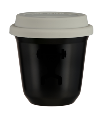 Kubek 80 ml CZARNY "Siłacz 1 (czarny)", z białą pokrywką Kubek 80 ml CZARNY "Siłacz 1 (czarny)", z białą pokrywką