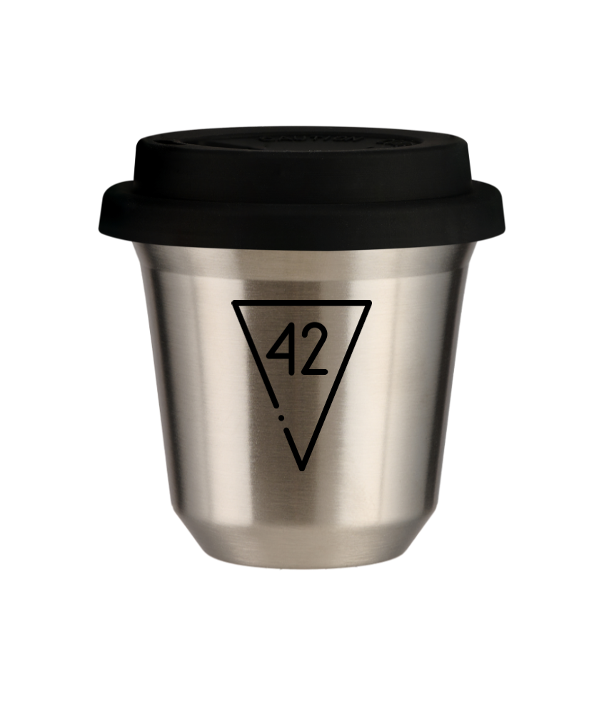 Kubek 80 ml SREBRNY "42 (czarny)", z czarną pokrywką