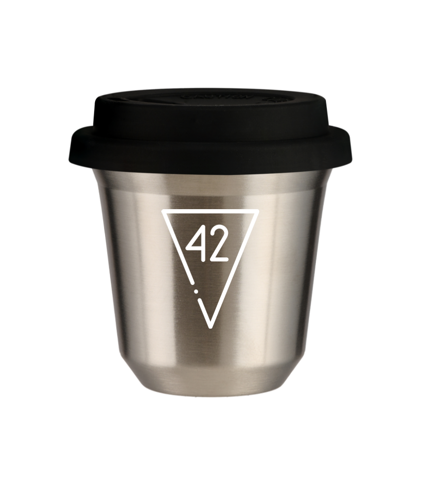 Kubek 80 ml SREBRNY "42 (biały)", z czarną pokrywką