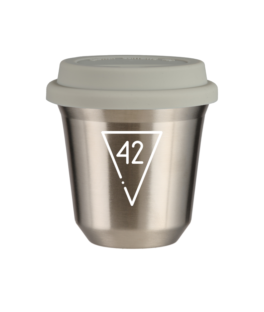 Kubek 80 ml SREBRNY "42 (biały)", z białą pokrywką