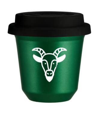 Kubek 80 ml ZIELONY METALIC "Koziorożec (biały)", z czarną pokrywką Kubek 80 ml ZIELONY METALIC "Koziorożec (biały)", z czarną pokrywką