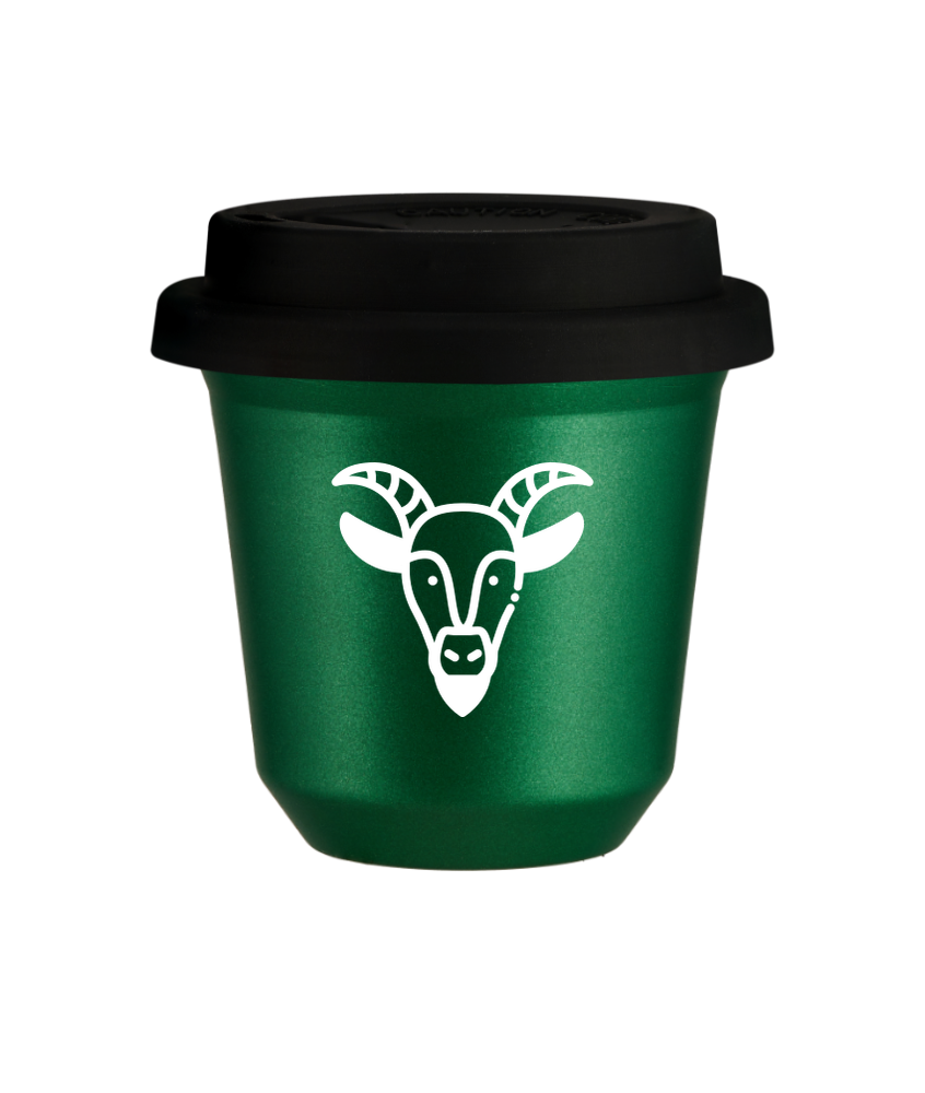 Kubek 80 ml ZIELONY METALIC "Koziorożec (biały)", z czarną pokrywką