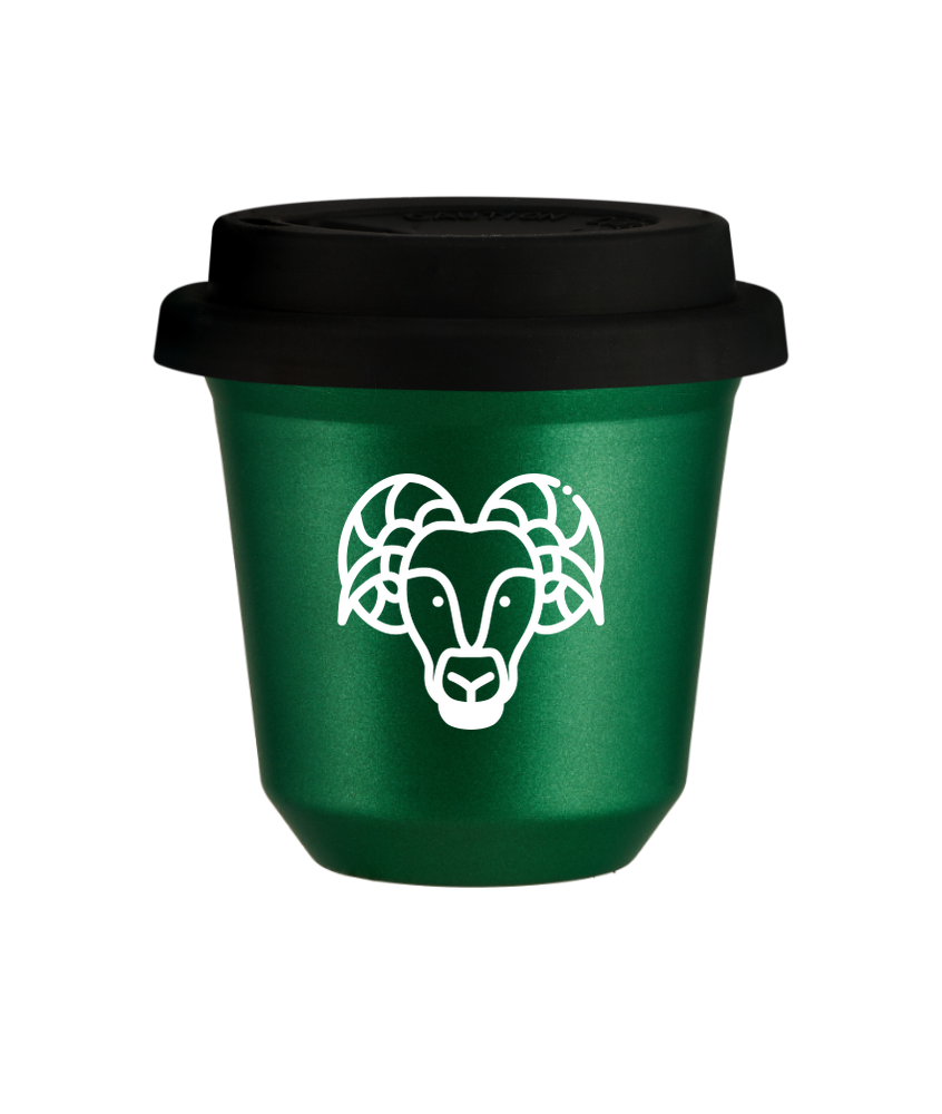 Kubek 80 ml ZIELONY METALIC "Baran (biały)", z czarną pokrywką