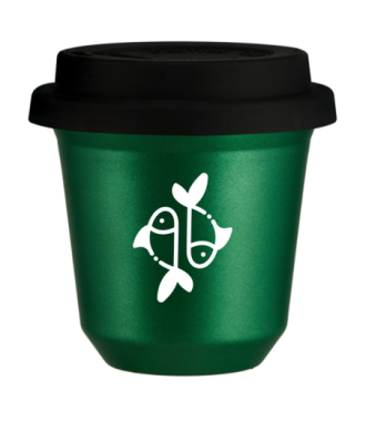 Kubek 80 ml ZIELONY METALIC "Ryby (biały)", z czarną pokrywką Kubek 80 ml ZIELONY METALIC "Ryby (biały)", z czarną pokrywką