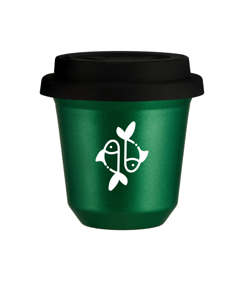 Kubek 80 ml ZIELONY METALIC "Ryby (biały)", z czarną pokrywką