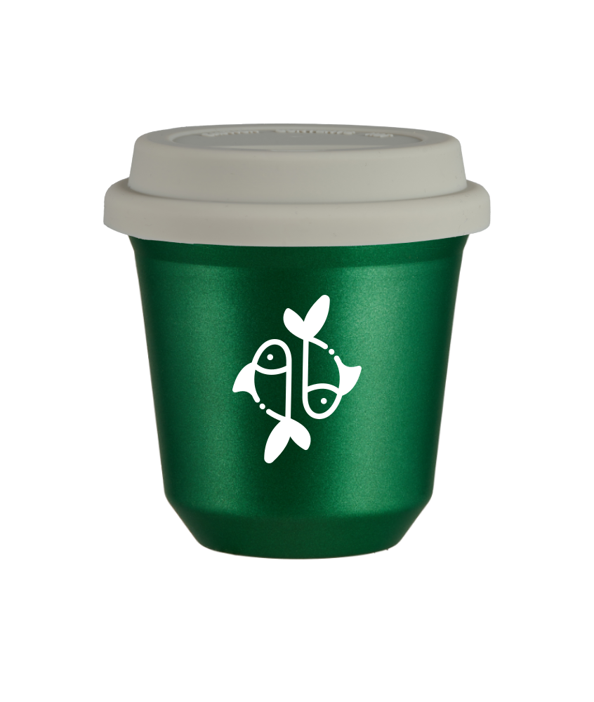 Kubek 80 ml ZIELONY METALIC "Ryby (biały)", z białą pokrywką
