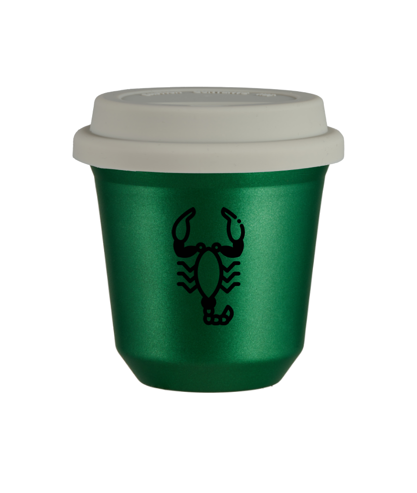 Kubek 80 ml ZIELONY METALIC "Skorpion (czarny)", z białą pokrywką