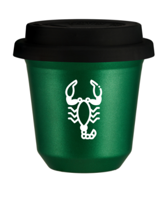 Kubek 80 ml ZIELONY METALIC "Skorpion (biały)", z czarną pokrywką Kubek 80 ml ZIELONY METALIC "Skorpion (biały)", z czarną pokrywką