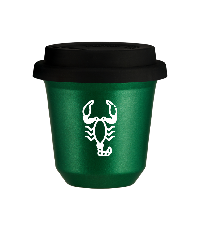 Kubek 80 ml ZIELONY METALIC "Skorpion (biały)", z czarną pokrywką