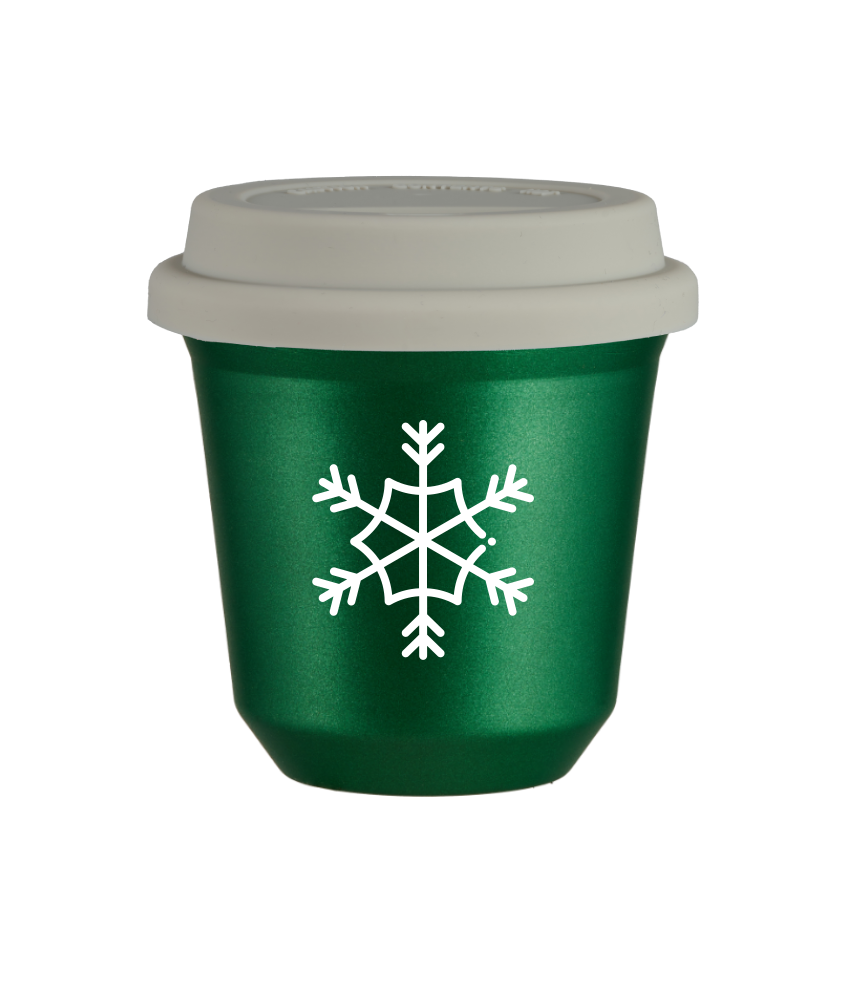 Kubek 80 ml ZIELONY METALIC "Śnieżynka (biały)", z białą pokrywką