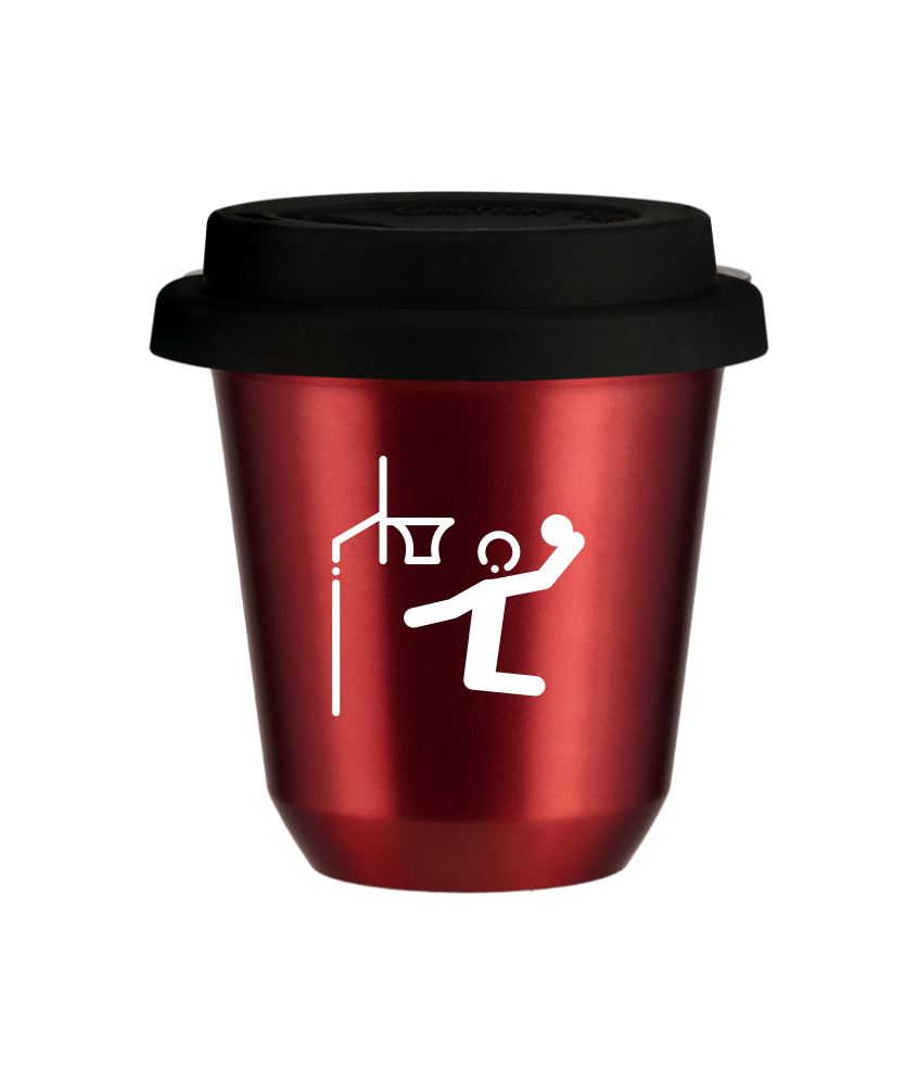 Kubek 80 ml CZERWONY METALIC "Koszykówka (biały)", z czarną pokrywką