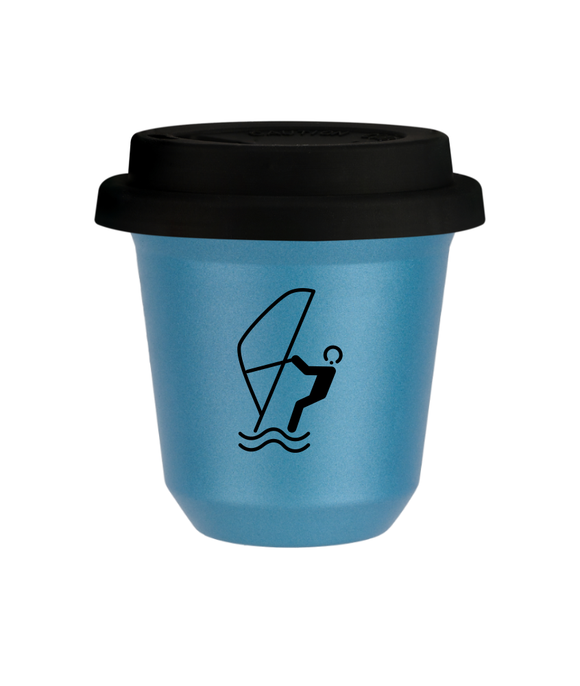 Kubek 80 ml BŁĘKITNY METALIC "Sporty wodne (czarny)", z czarną pokrywką