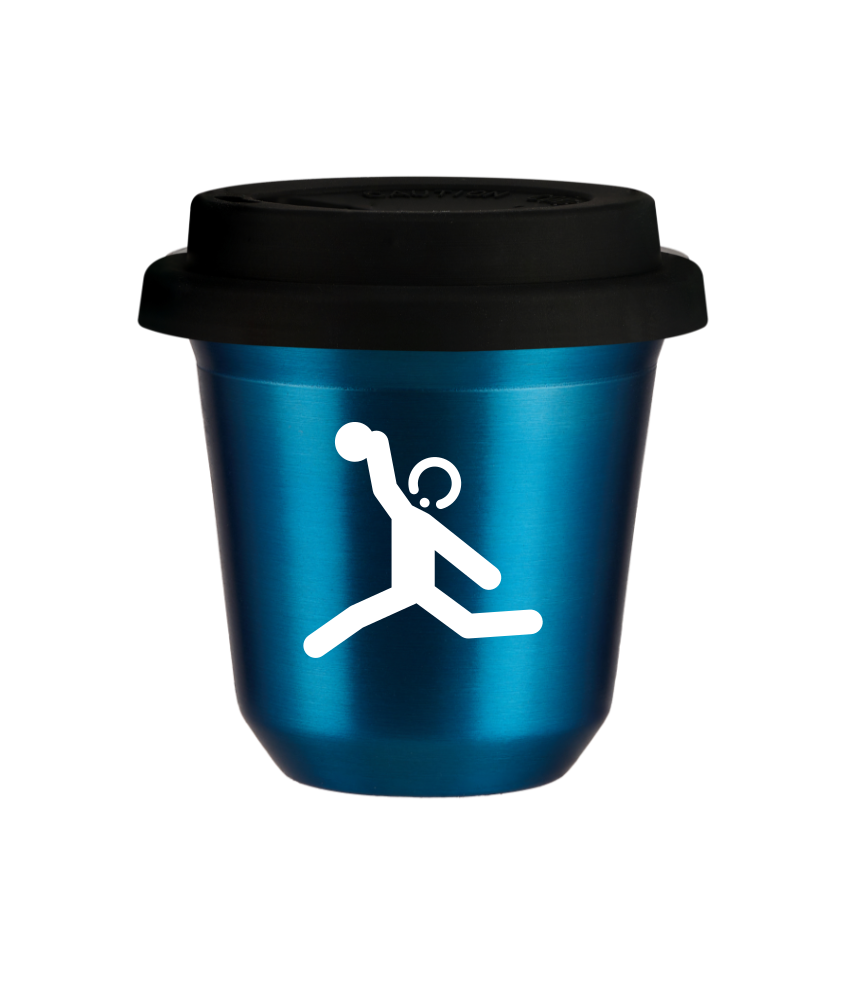 Cup 80 ml METALLIC BLUE "Discus throw (white)", with black lid