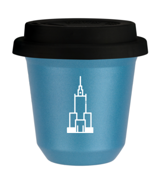 Kubek 80 ml BŁĘKITNY METALIC "Pałac kultury i nauki (biały)", z czarną pokrywką Kubek 80 ml BŁĘKITNY METALIC "Pałac kultury i nauki (biały)", z czarną pokrywką