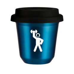 Cup 80 ml METALLIC BLUE "Strongman 2 (white)", with black lid